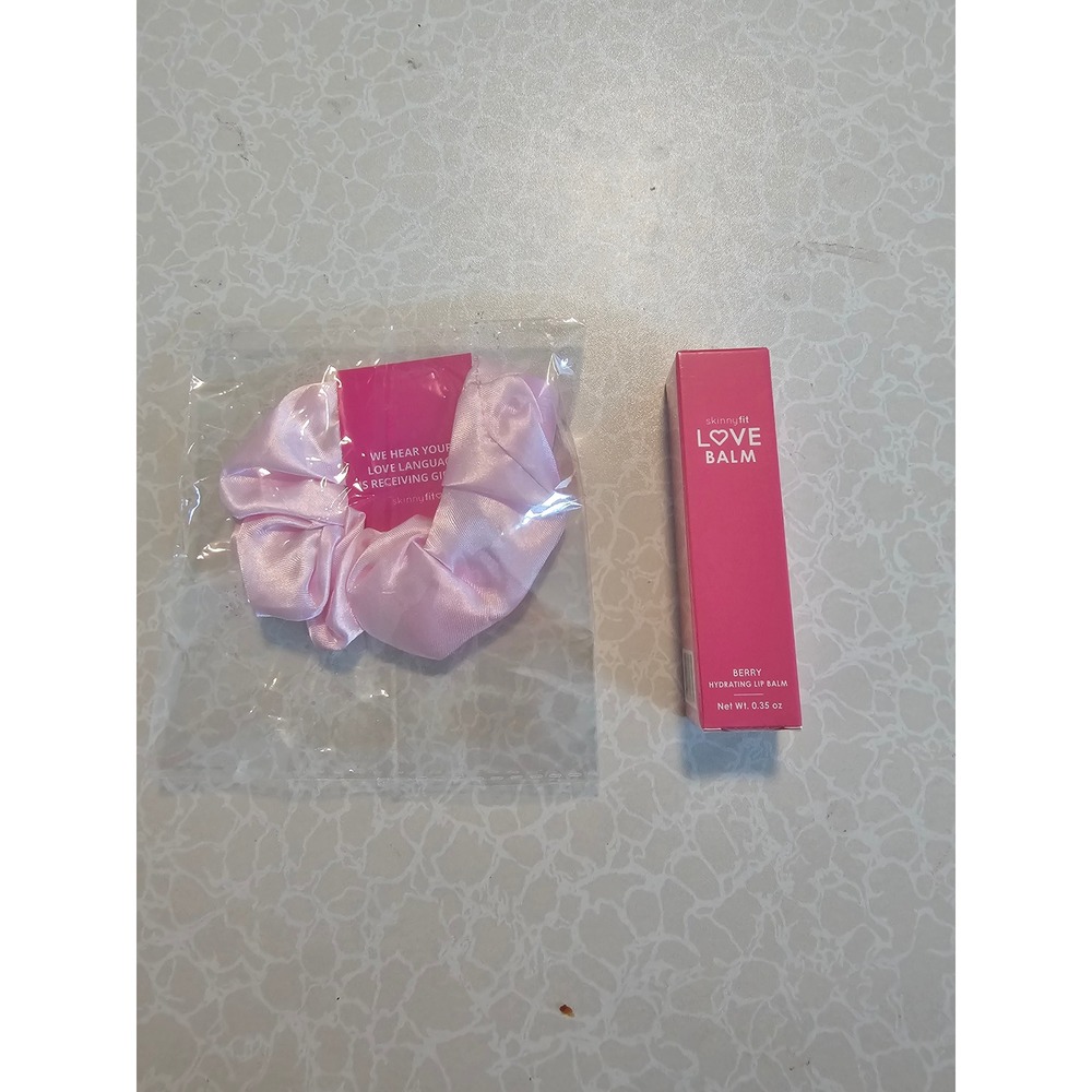 SkinnyFit Love Balm Berry Hydrating Lip Balm 0.35oz and Pink Satin Scrunchie Set